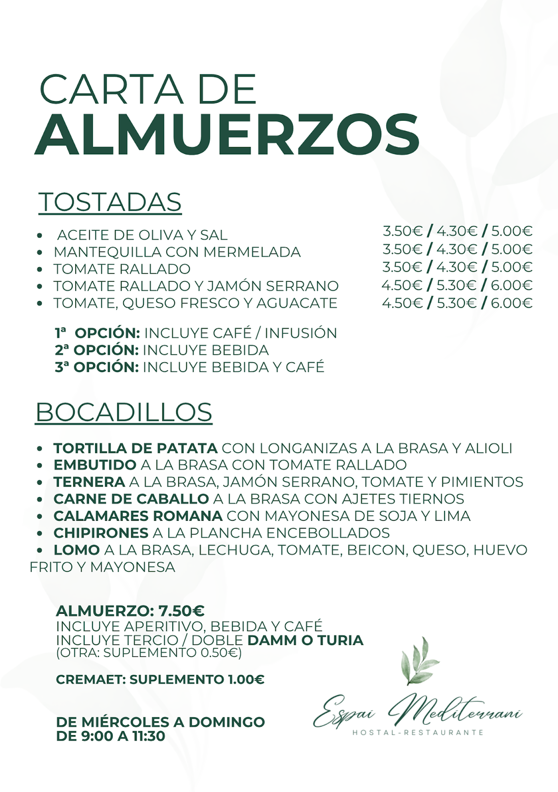 Carta de almuerzos de Espai Mediterrani, con tostadas y bocadillos